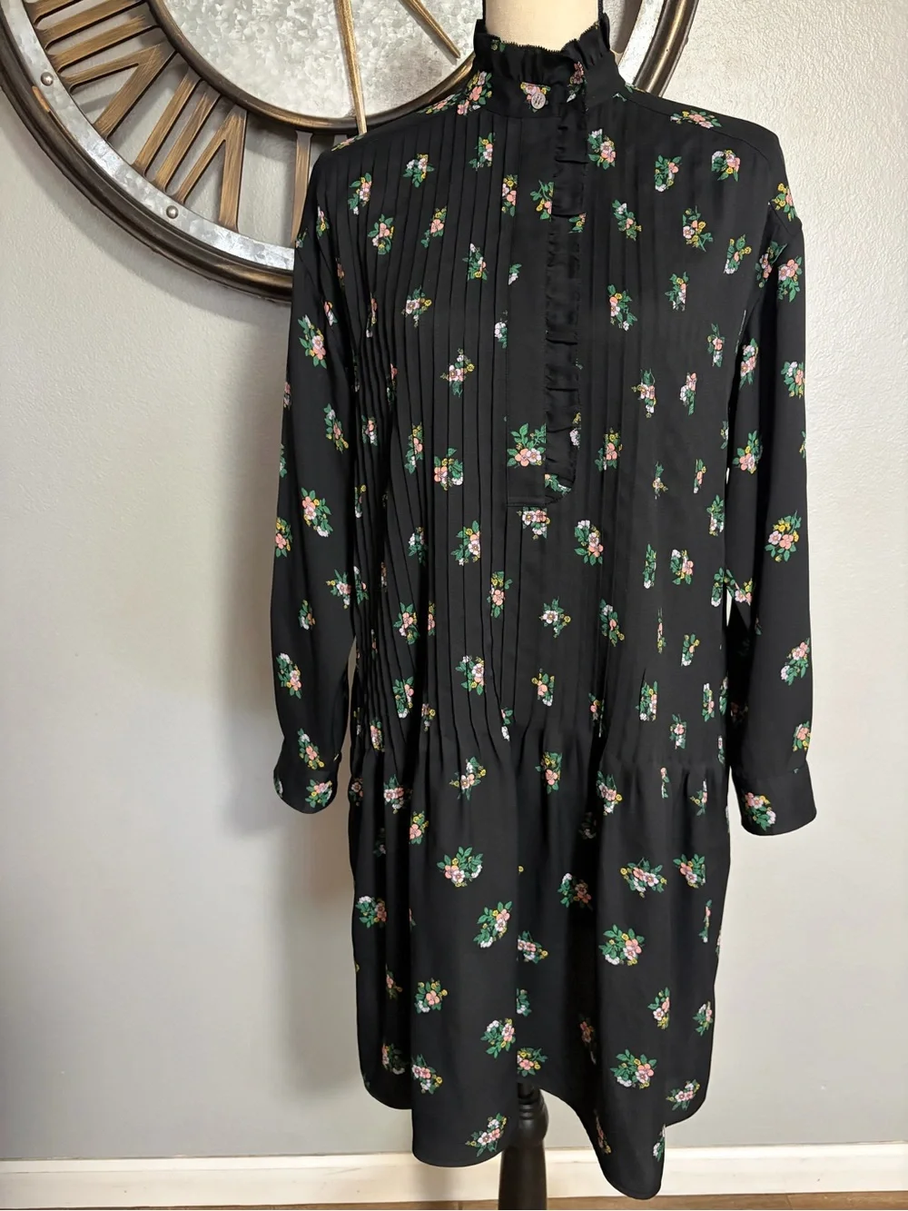 TORY BURCH Black Floral Long Sleeve Tunic Dress